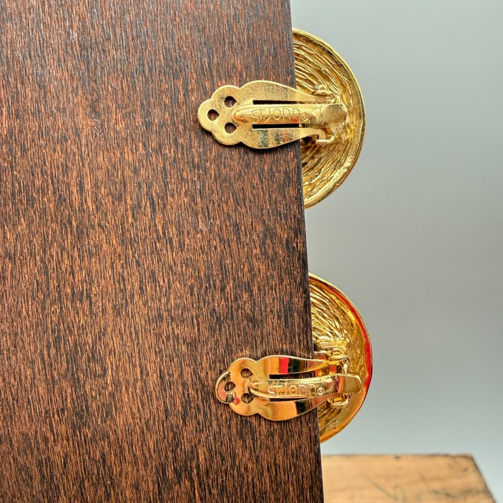 St John Vintage Gold Tone SJ Logo Sunburst Clip On Button Earrings 1.25 Inch - Picture 4 of 9